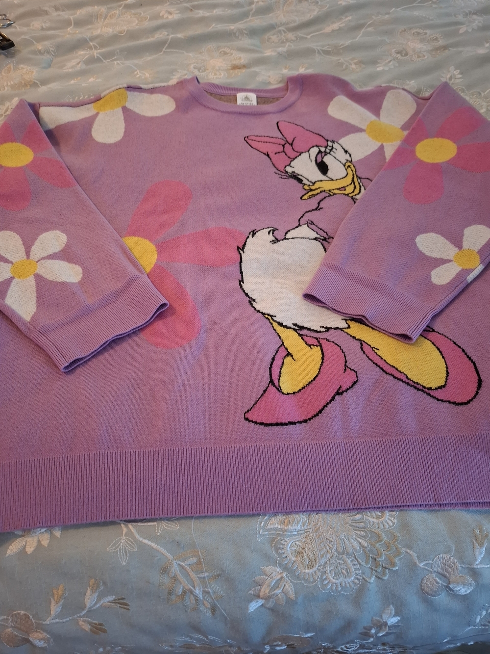 Disney Lilac Daisy Duck Crewneck Sweater with Pink Bow & Yellow Accents - Picture 4 of 13